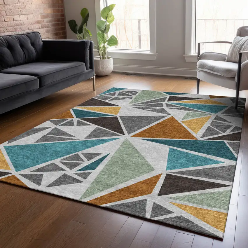 Gray Copper And Brown Geometric Washable Indoor Outdoor Area Rug Photo 9