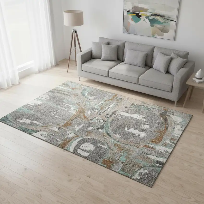 Gray Copper And Ivory Geometric Washable Area Rug With UV Protection Photo 2