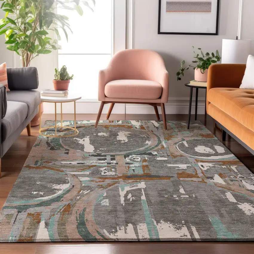 Gray Copper And Ivory Geometric Washable Area Rug With UV Protection Photo 5