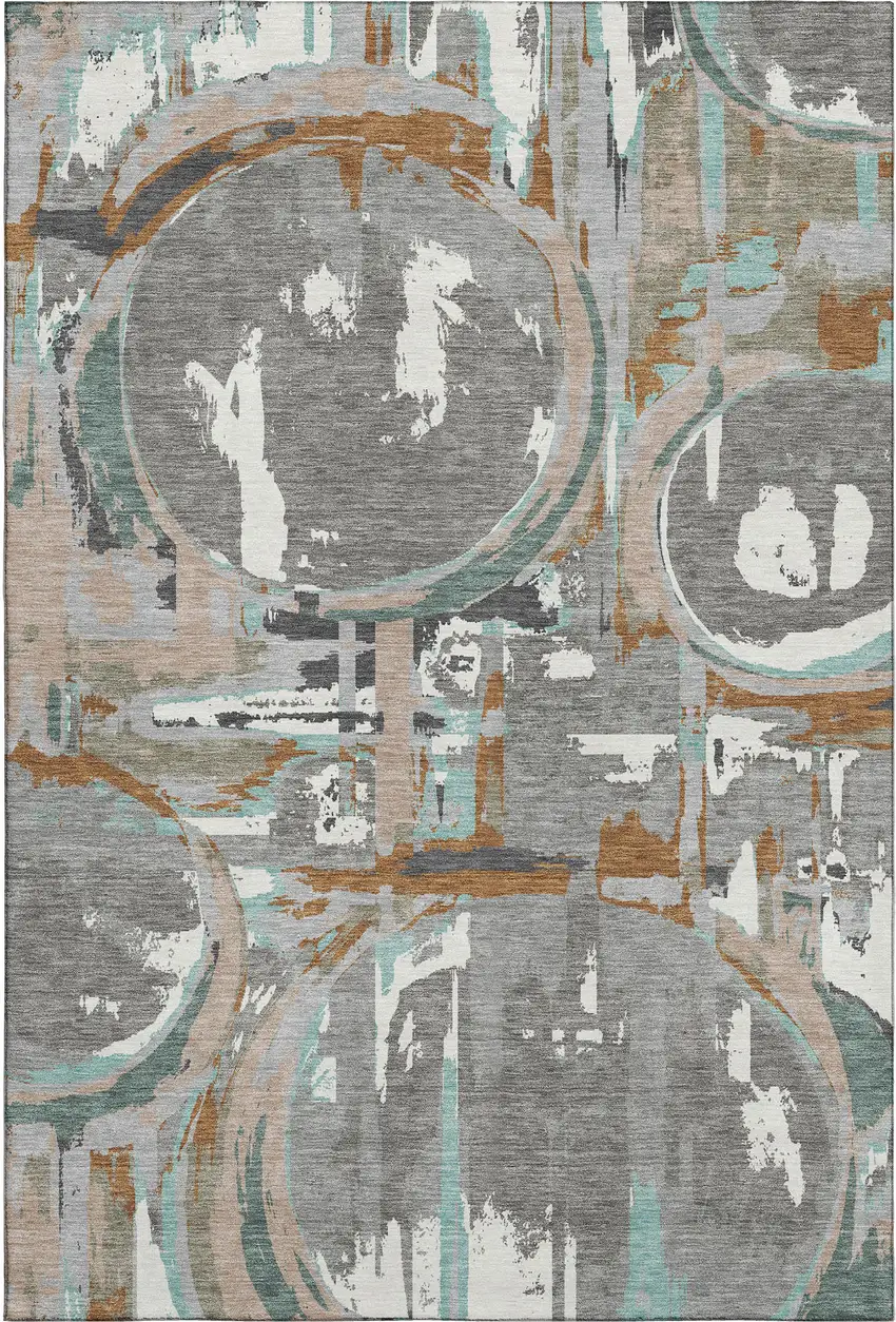 Gray Copper And Ivory Geometric Washable Area Rug With UV Protection Photo 1