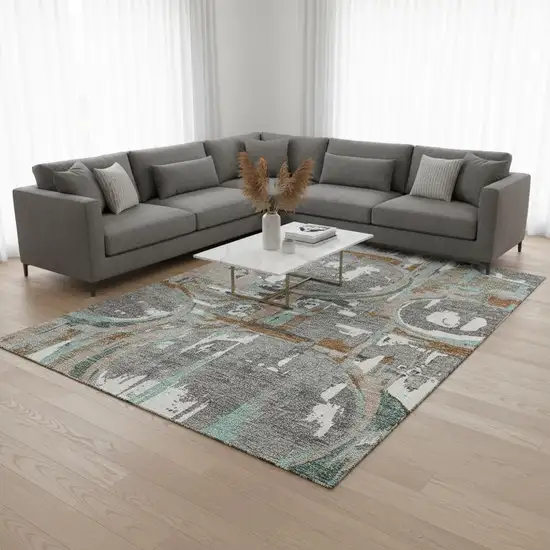 Gray Copper And Ivory Geometric Washable Area Rug With UV Protection Photo 2
