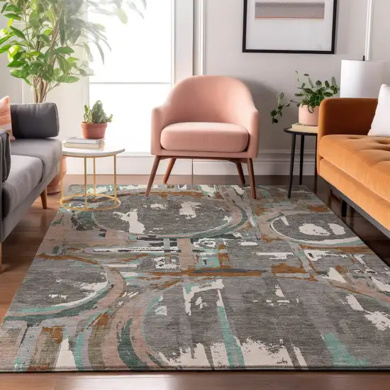 Gray Copper And Ivory Geometric Washable Area Rug With UV Protection Photo 5