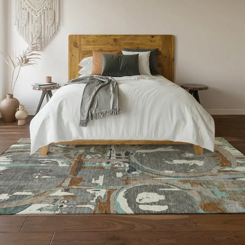 Gray Copper And Ivory Geometric Washable Area Rug With UV Protection Photo 6