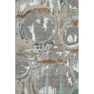 Photo of Gray Copper And Ivory Geometric Washable Area Rug With UV Protection