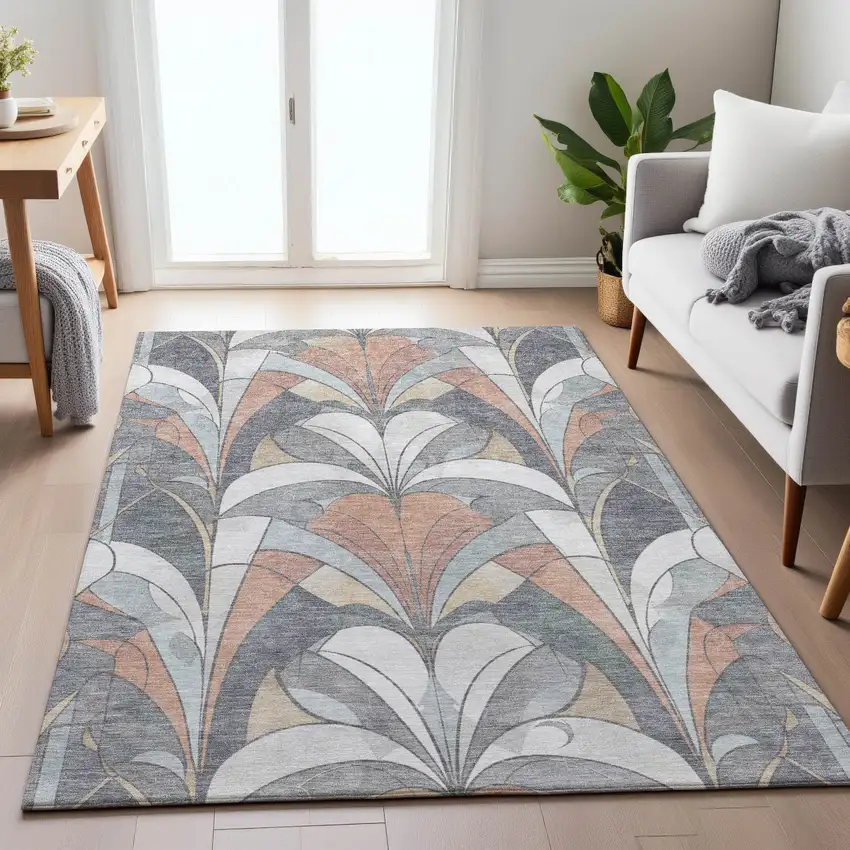 Gray Copper And Ivory Geometric Washable Indoor Outdoor Area Rug Photo 9