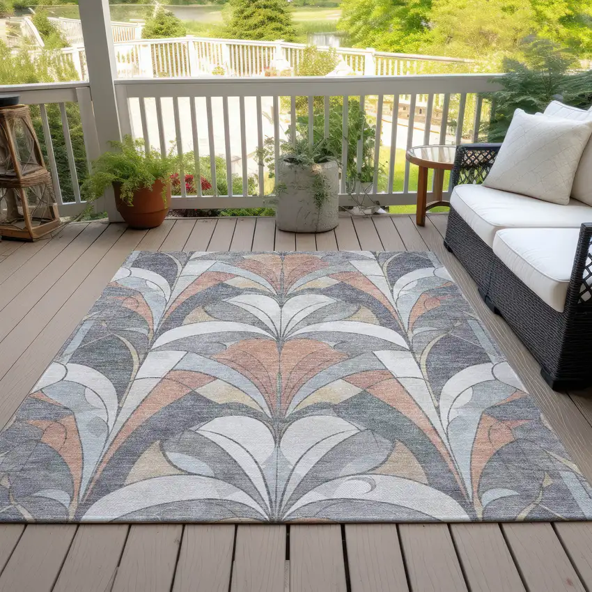 Gray Copper And Ivory Geometric Washable Indoor Outdoor Area Rug Photo 7