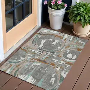 Photo of Gray Copper And Mint Green Geometric Washable Indoor Outdoor Area Rug