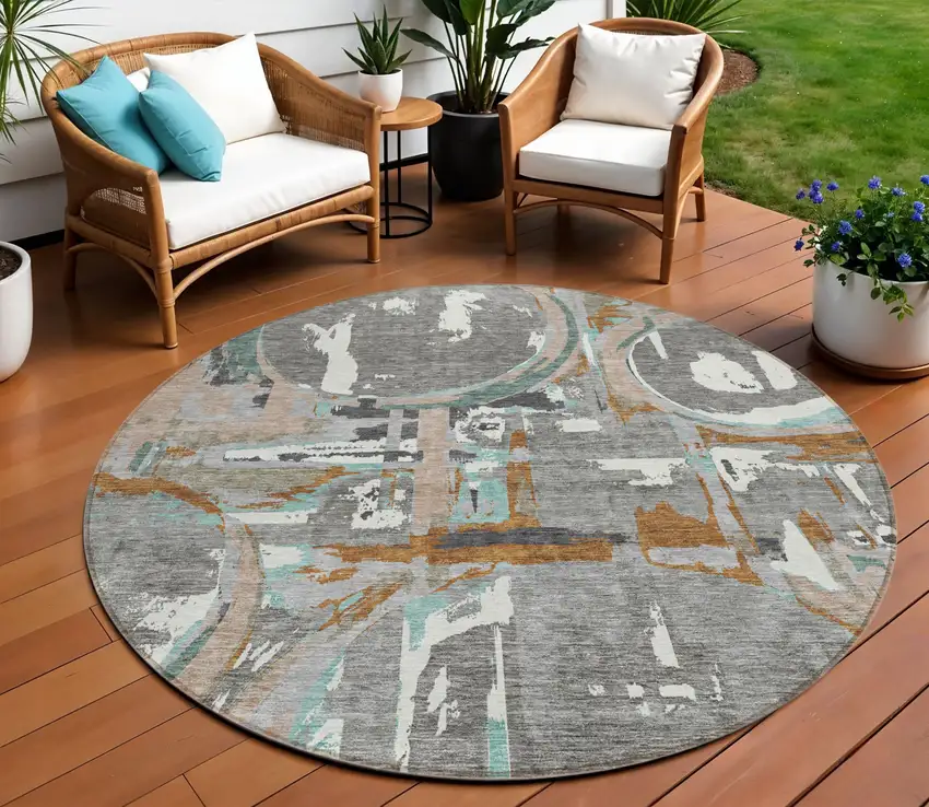 Gray Copper And Mint Green Geometric Washable Indoor Outdoor Area Rug Photo 9