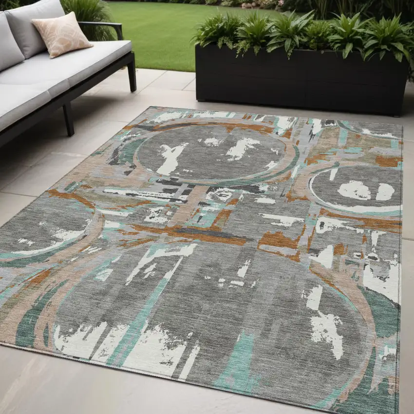 Gray Copper And Mint Green Geometric Washable Indoor Outdoor Area Rug Photo 1