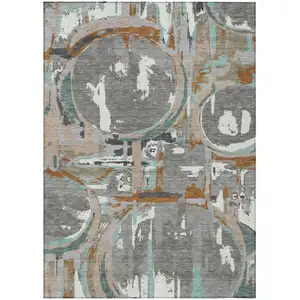 Photo of Gray Copper And Mint Green Geometric Washable Indoor Outdoor Area Rug