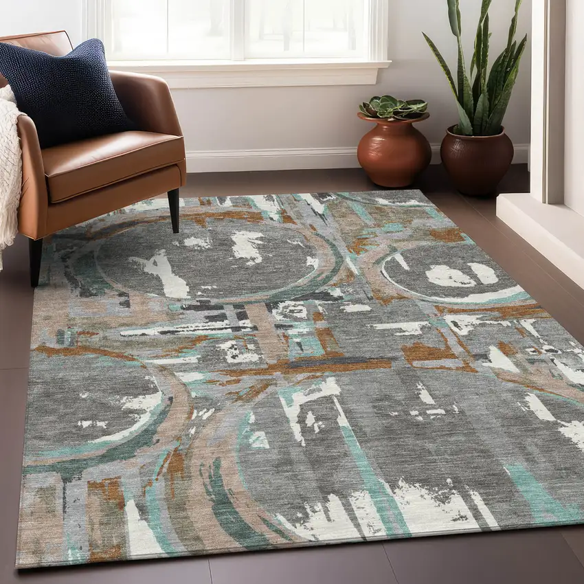 Gray Copper And Mint Green Geometric Washable Indoor Outdoor Area Rug Photo 9