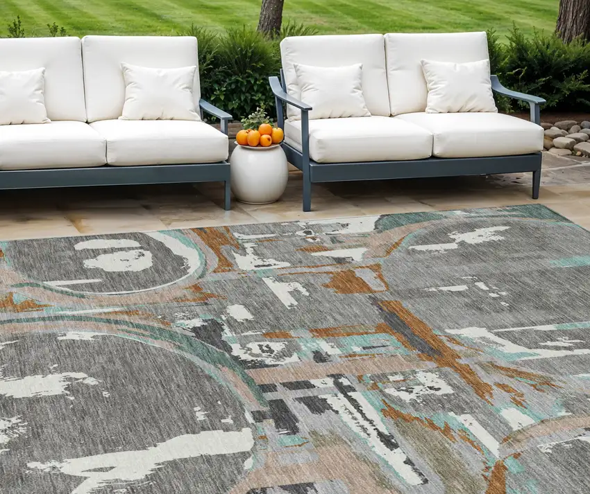 Gray Copper And Mint Green Geometric Washable Indoor Outdoor Area Rug Photo 1