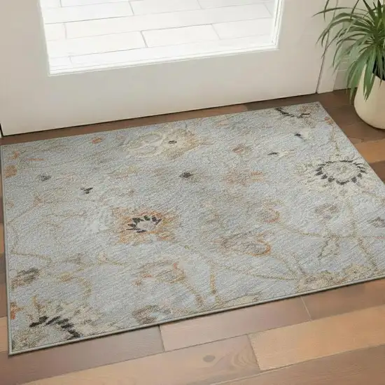 Gray Copper And Silver Floral Washable Area Rug With UV Protection Photo 2