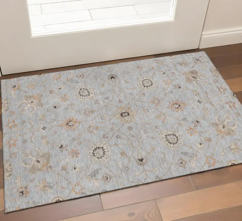 Gray Copper And Silver Floral Washable Area Rug With UV Protection Photo 1