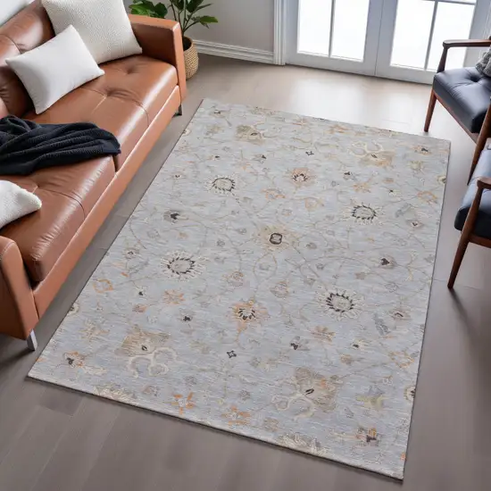 Gray Copper And Silver Floral Washable Area Rug With UV Protection Photo 5