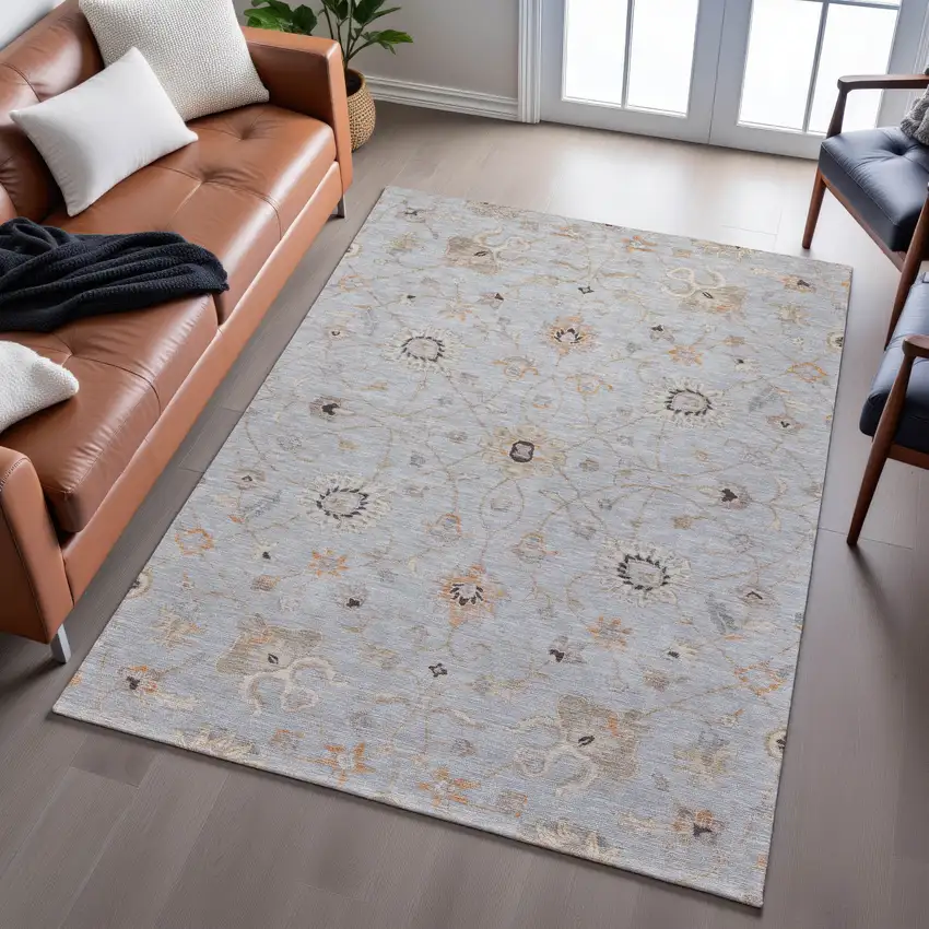 Gray Copper And Silver Floral Washable Area Rug With UV Protection Photo 5
