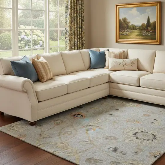 Gray Copper And Silver Floral Washable Area Rug With UV Protection Photo 2