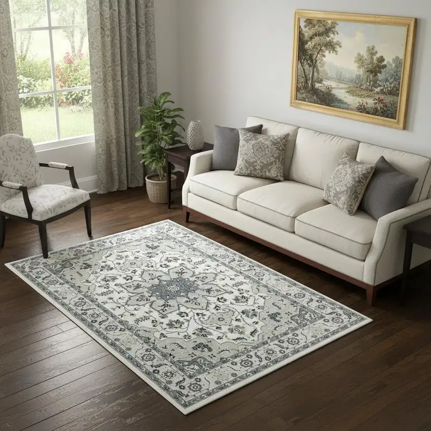 Gray Cream And Ivory Floral Area Rug Photo 1