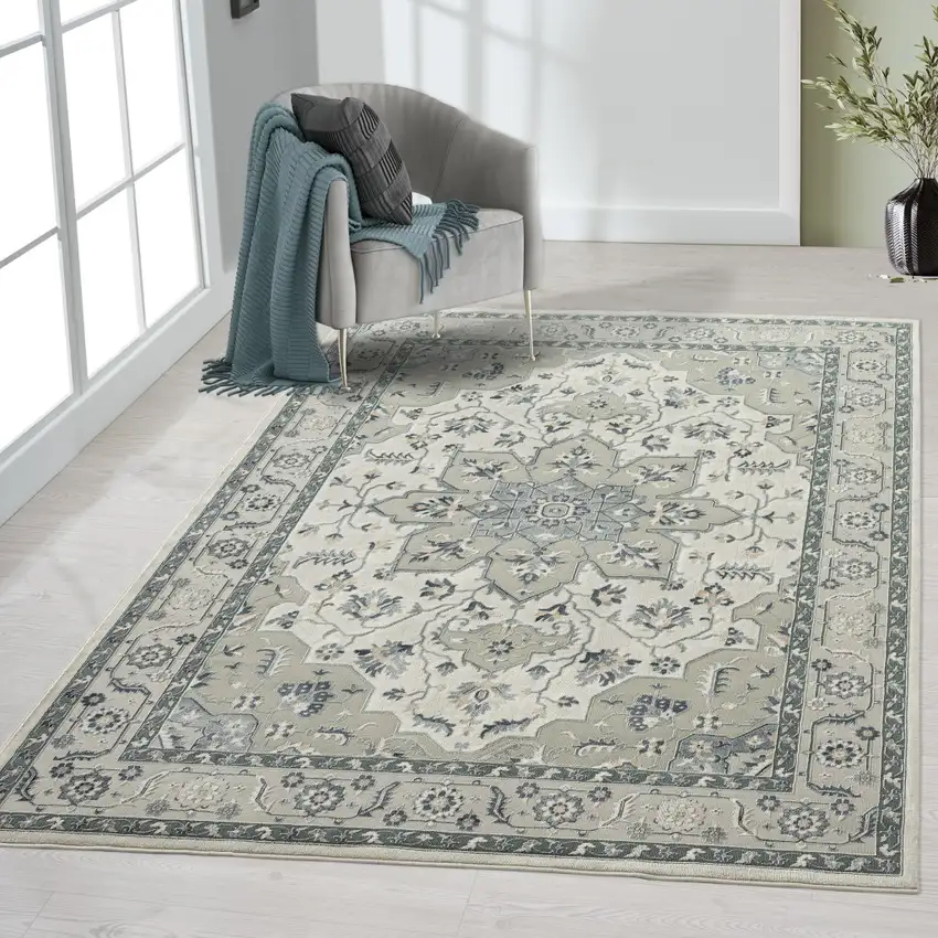 Gray Cream And Ivory Floral Area Rug Photo 5