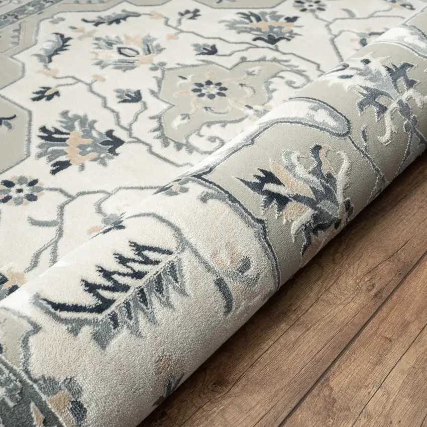 Gray Cream And Ivory Floral Area Rug Photo 8