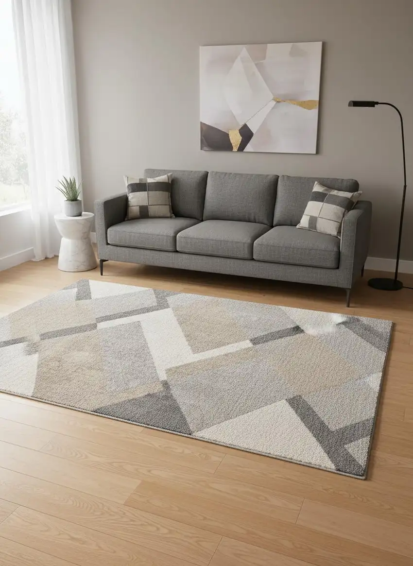 Gray Cream And Tan Geometric Area Rug Photo 1