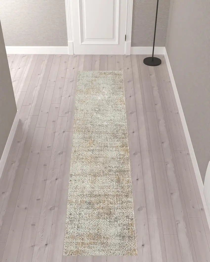 Gray Damask Distressed Runner Rug Photo 2