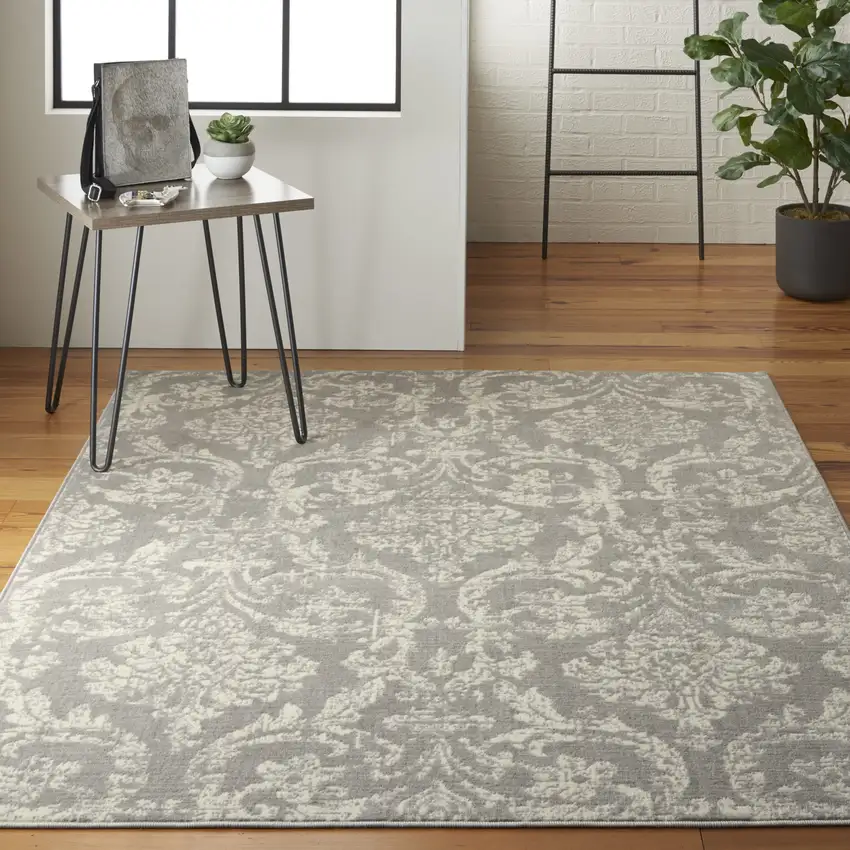 Gray Damask Power Loom Non Skid Area Rug Photo 5