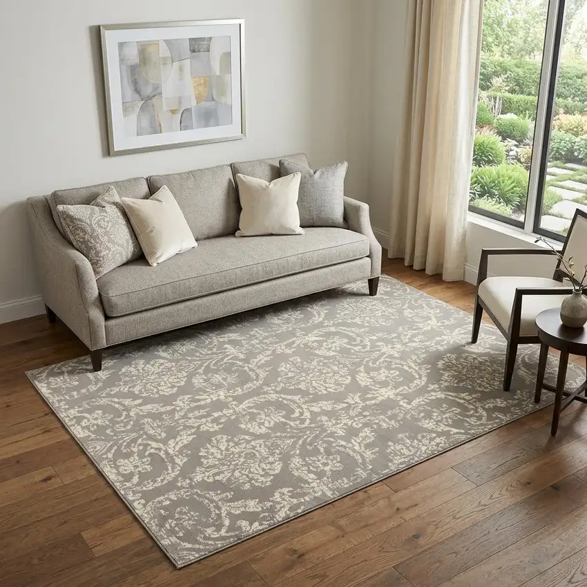 Gray Damask Power Loom Non Skid Area Rug Photo 1