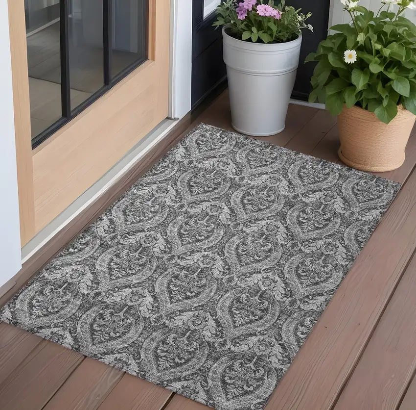 Gray Damask Washable Non Skid Indoor Outdoor Area Rug Photo 1
