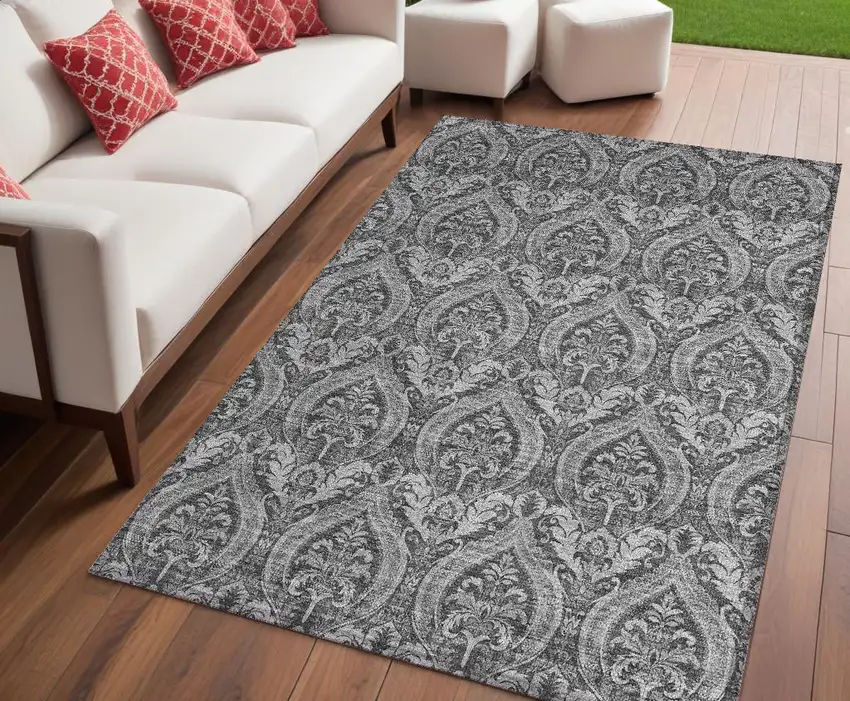 Gray Damask Washable Non Skid Indoor Outdoor Area Rug Photo 1