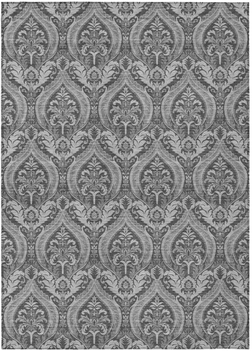 Gray Damask Washable Non Skid Indoor Outdoor Area Rug Photo 2