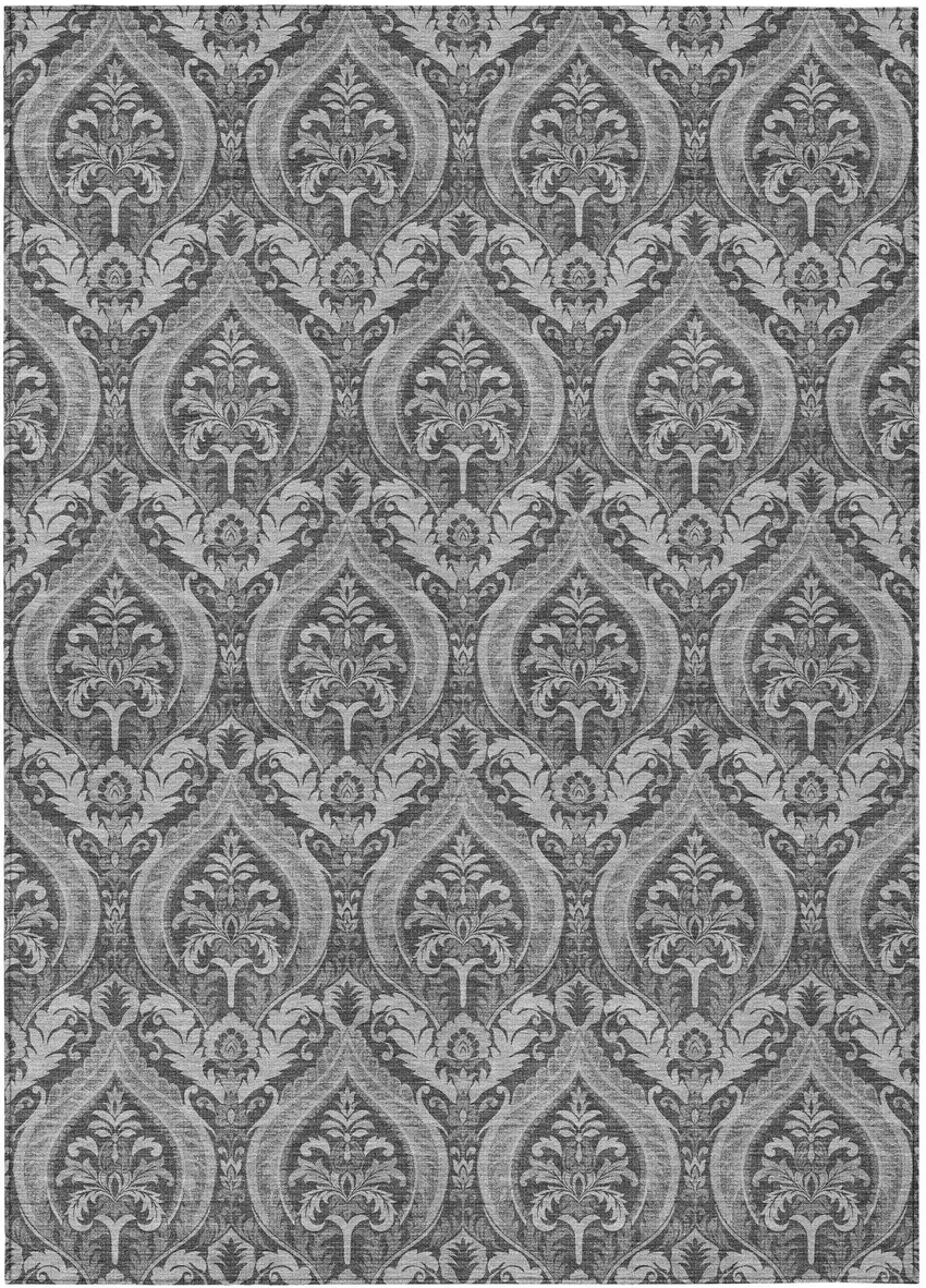 Gray Damask Washable Non Skid Indoor Outdoor Area Rug Photo 2