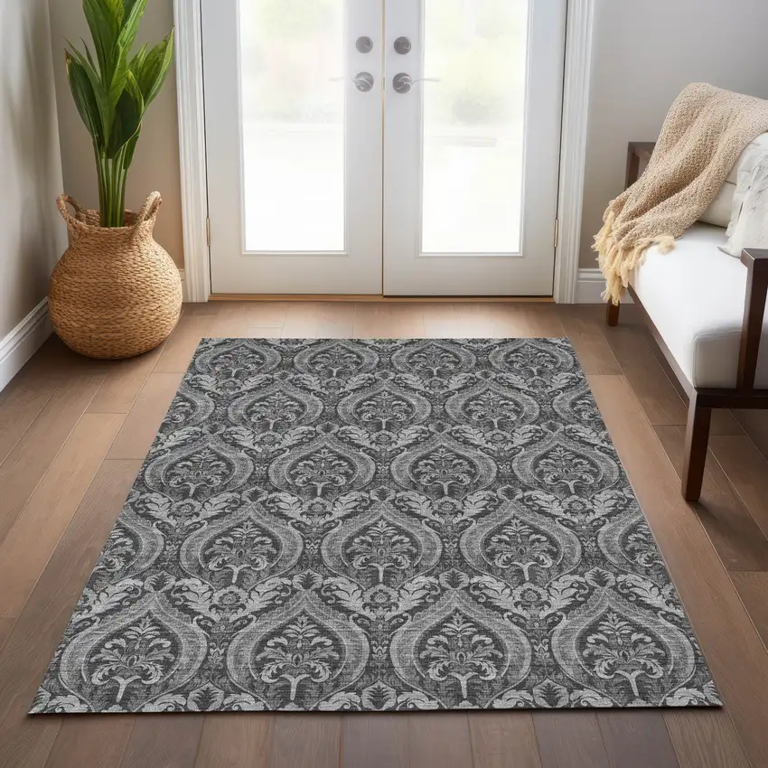Gray Damask Washable Non Skid Indoor Outdoor Area Rug Photo 9