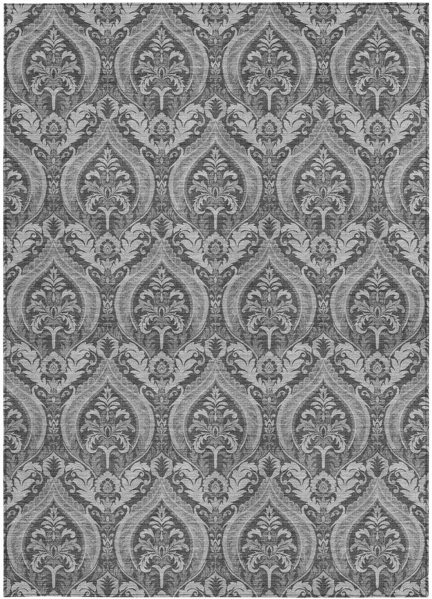 Gray Damask Washable Non Skid Indoor Outdoor Area Rug Photo 5