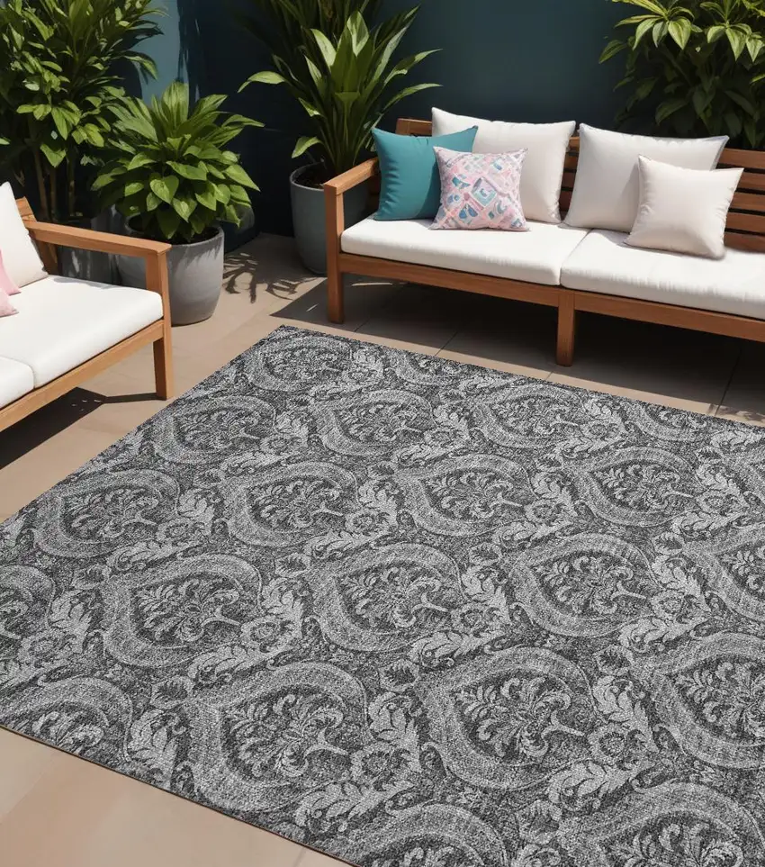 Gray Damask Washable Non Skid Indoor Outdoor Area Rug Photo 1