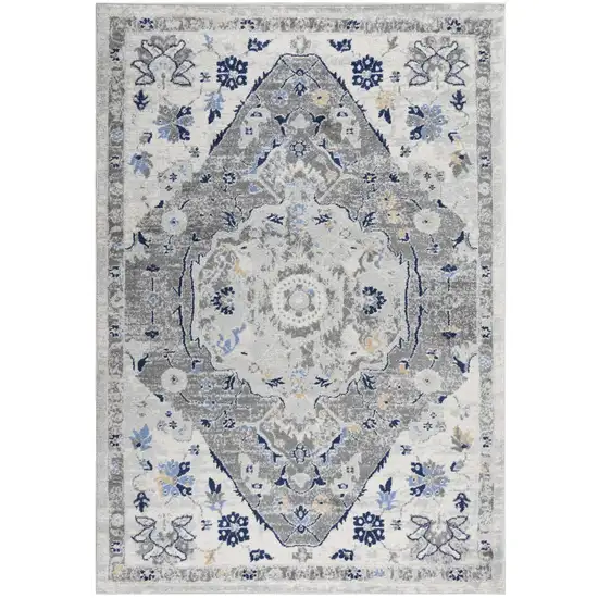 Gray Dark Blue Light Blue Ivory And Peach Medallion Area Rug Photo 2