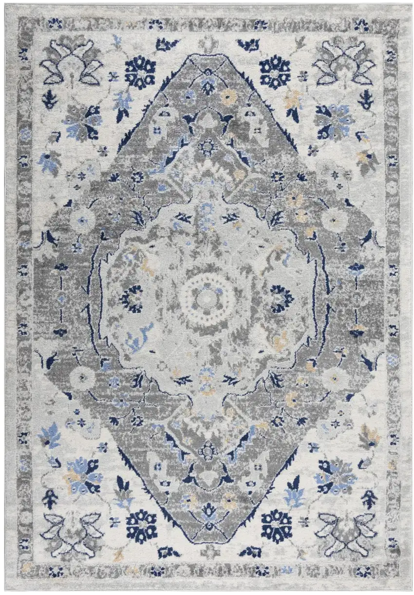 Gray Dark Blue Light Blue Ivory And Peach Medallion Area Rug Photo 2