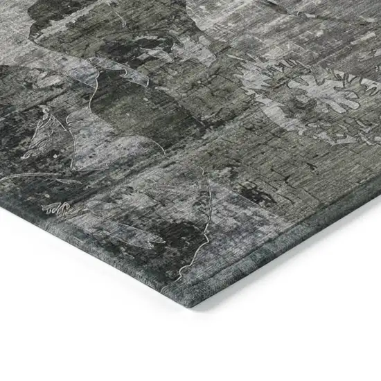 Gray Dark Green and Black Floral Washable Non Skid Indoor Outdoor Area Rug Photo 6