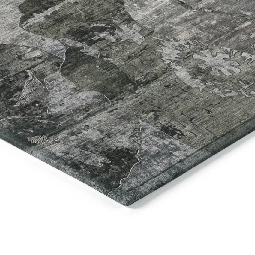 Gray Dark Green and Black Floral Washable Non Skid Indoor Outdoor Area Rug Photo 6