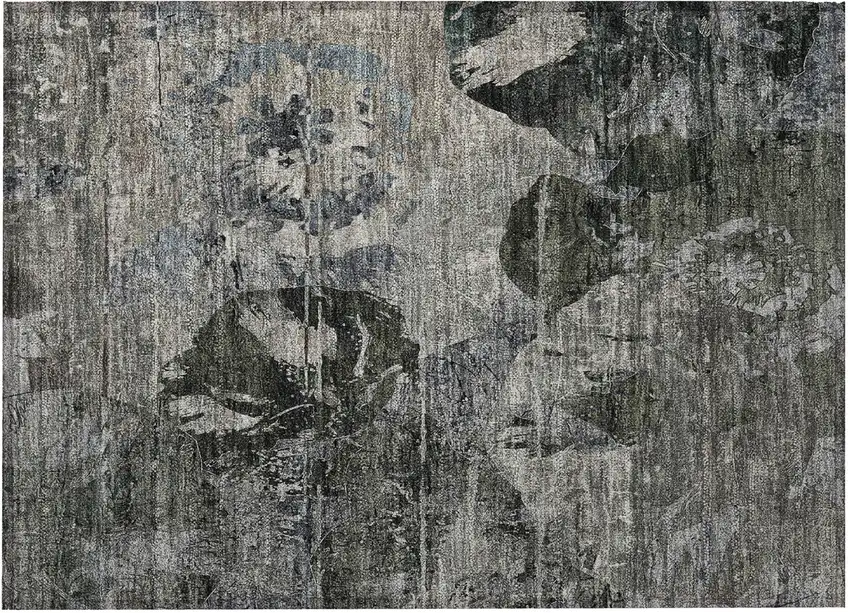 Gray Dark Green and Black Floral Washable Non Skid Indoor Outdoor Area Rug Photo 5