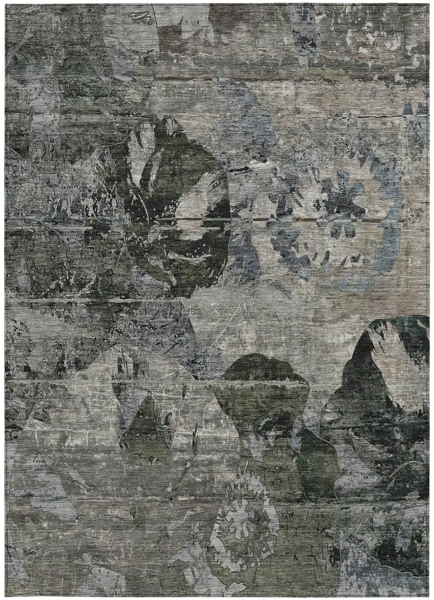 Gray Dark Green and Black Floral Washable Non Skid Indoor Outdoor Area Rug Photo 4