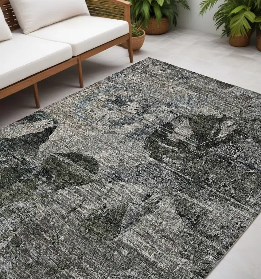 Gray Dark Green and Black Floral Washable Non Skid Indoor Outdoor Area Rug Photo 1