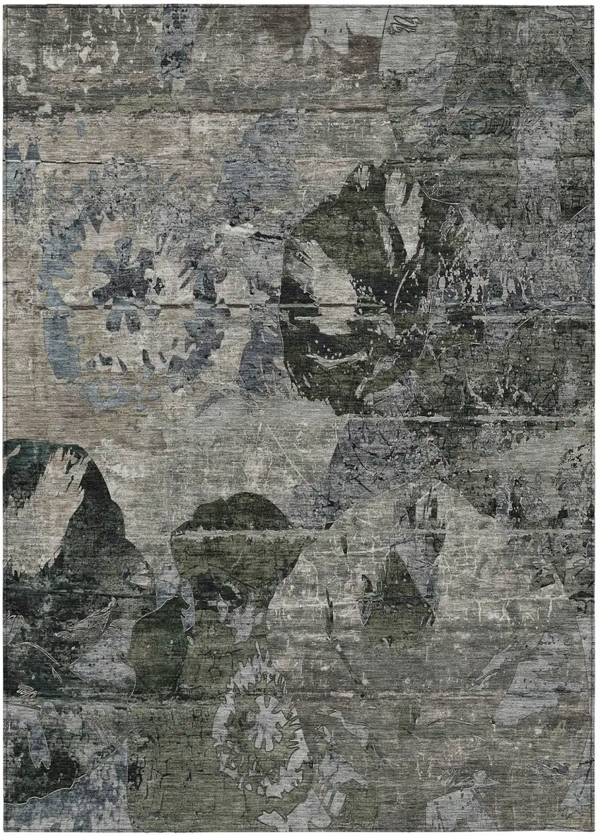 Gray Dark Green and Black Floral Washable Non Skid Indoor Outdoor Area Rug Photo 2