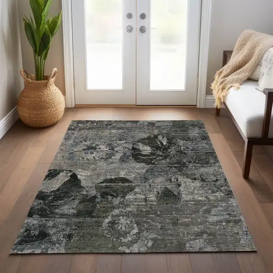Gray Dark Green and Black Floral Washable Non Skid Indoor Outdoor Area Rug Photo 9