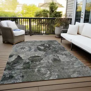 Photo of Gray Dark Green and Black Floral Washable Non Skid Indoor Outdoor Area Rug