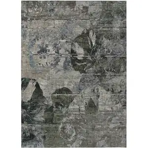 Photo of Gray Dark Green and Black Floral Washable Non Skid Indoor Outdoor Area Rug