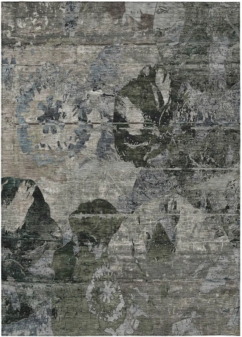 Gray Dark Green and Black Floral Washable Non Skid Indoor Outdoor Area Rug Photo 2