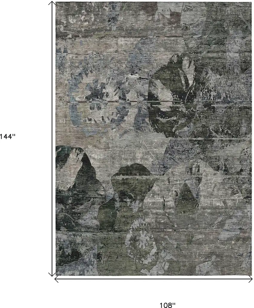 Gray Dark Green and Black Floral Washable Non Skid Indoor Outdoor Area Rug Photo 3