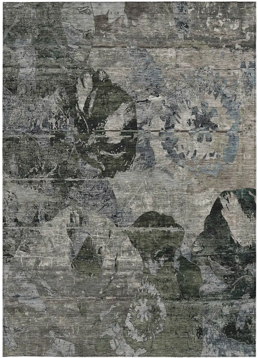 Gray Dark Green and Black Floral Washable Non Skid Indoor Outdoor Area Rug Photo 4