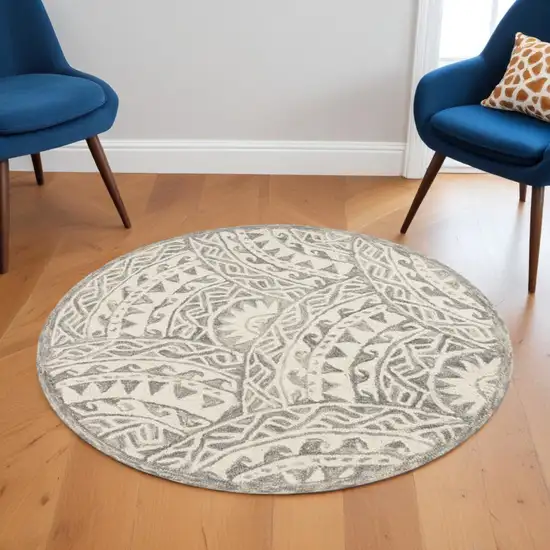 6' Gray Round Wool Geometric Hand Tufted Area Rug Photo 1